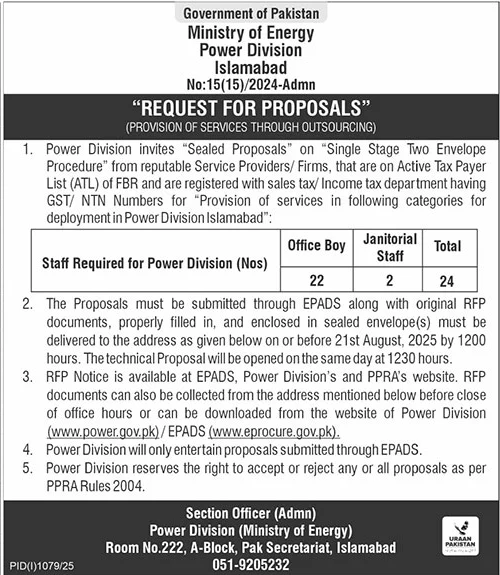 Ministry of Energy Power Division Islamabad Tender Notice